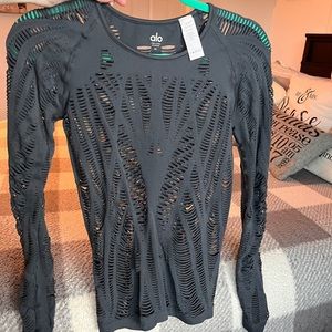 New without tags alo long sleeve cut out mesh shirt too dark grey